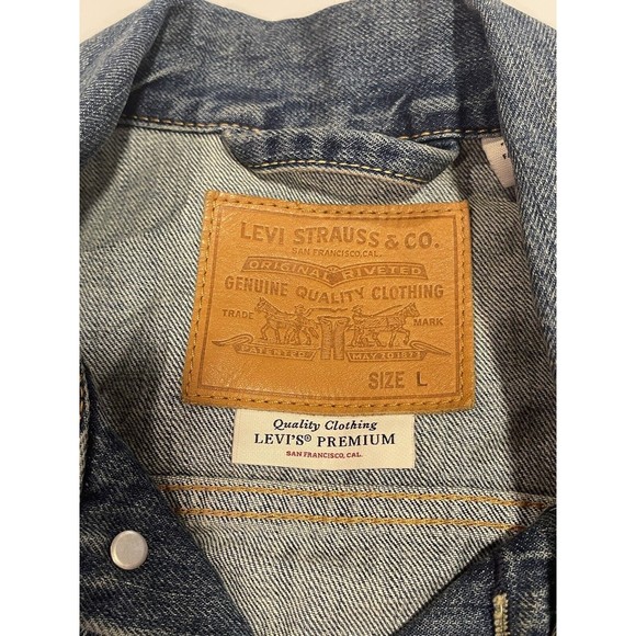 Levi's Premium Mens Blue Denim Button Jacket Pockets Size Large Big E Art Back - Picture 10 of 16